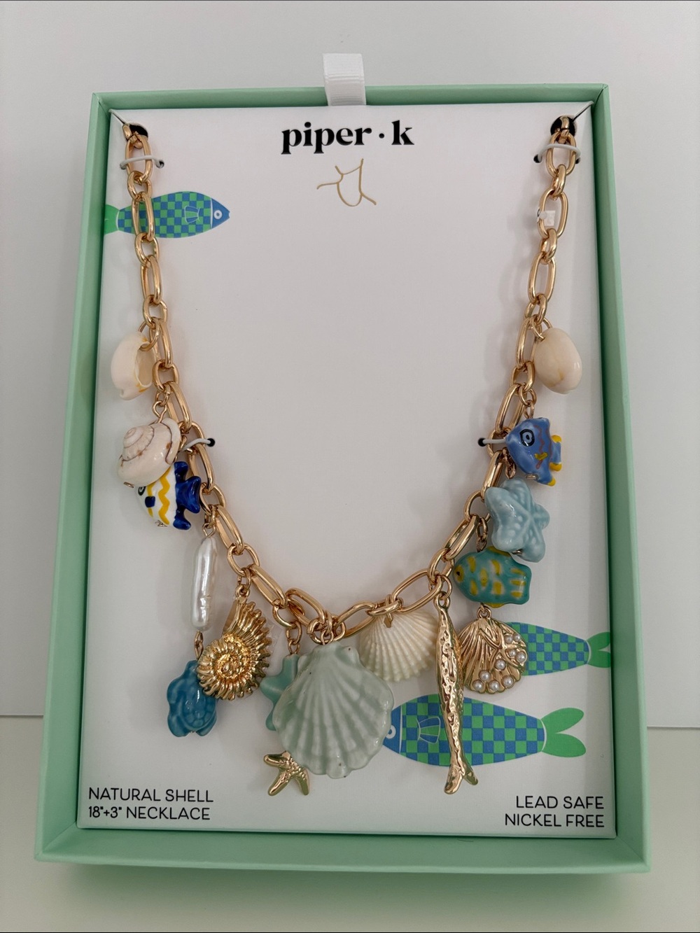 Piper K Gold Chain Necklace with Ocean Charms - Blue, Green, White